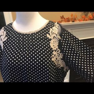 Navy Polka Dot Blouse with Sheer and Lace Accents